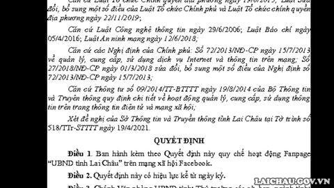 Quyết định ban hành Quy chế hoạt động fanpage “UBND tỉnh Lai Châu” trên mạng xã hội Facebook
