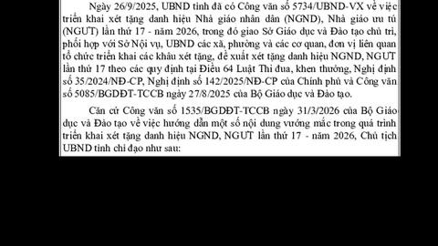 Công văn V/v triển khai xét tặng danh hiệu NGND, NGƯT lần thứ 17 năm 2026 theo hướng dẫn của Bộ GD&ĐT