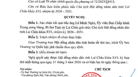 Nghị quyết Xác nhận kết quả bầu Chủ tịch Hội đồng nhân dân tỉnh Lai Châu khóa XVI, nhiệm kỳ 2026 - 2031