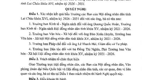 Nghị quyết Xác nhận kết quả bầu Trưởng các Ban của Hội đồng nhân dân tỉnh Lai Châu khóa XVI, nhiệm kỳ 2026 - 2031