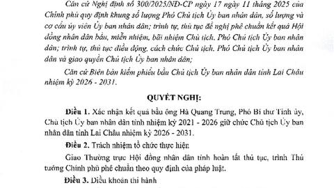 Nghị quyết Xác nhận kết quả bầu Chủ tịch Uỷ ban nhân dân tỉnh Lai Châu, nhiệm kỳ 2026 - 2031
