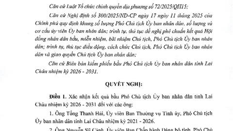 Nghị quyết Xác nhận kết quả bầu Phó Chủ tịch Ủy ban nhân dân tỉnh Lai Châu, nhiệm kỳ 2026 - 2031