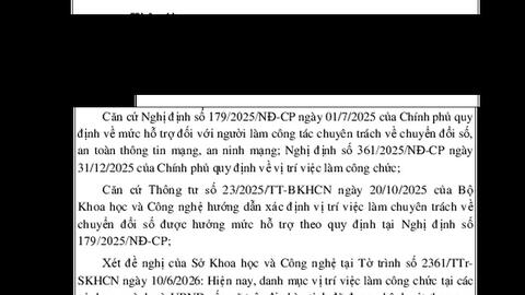 Công văn V/v tạm dừng rà soát, xét duyệt hồ sơ và chi trả chế độ hỗ trợ đối với công chức vị trí việc làm chuyên trách về chuyển đổi số theo Nghị định số 179/2025/NĐ-CP ngày 1/7/2025 của Chính phủ và Thông tư số 23/2025/TTBKHCN ngày 20/10/2025 của Bộ Khoa học và Công nghệ