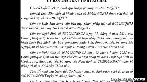 Quyết định Bãi bỏ toàn bộ Quyết định số 82/2025/QĐ-UBND ngày 03 tháng 11 năm 2025 của Ủy ban nhân dân tỉnh Lai Châu quy định trình tự, thủ tục thẩm định, công nhận kết quả thăm dò khoáng sản thuộc thẩm quyền của Chủ tịch Ủy ban nhân dân tỉnh Lai Châu