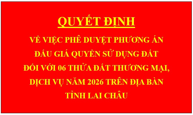 Quyết định Về việc phê duyệt phương án đấu giá quyền sử dụng đất đối với 06 thửa đất thương mại, dịch vụ năm 2026 trên địa bàn tỉnh Lai Châu