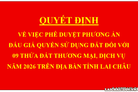 Quyết định Về việc phê duyệt phương án đấu giá quyền sử dụng đất đối với 09 thửa đất thương mại, dịch vụ năm 2026 trên địa bàn tỉnh Lai Châu