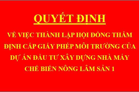 Quyết định về việc thành lập Hội đồng thẩm định cấp giấy phép môi trường của dự án Đầu tư xây dựng nhà máy chế biến nông lâm sản 1