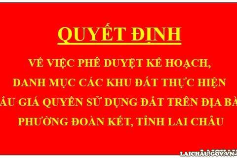Quyết định Về việc phê duyệt kế hoạch, danh mục các khu đất thực hiện đấu giá quyền sử dụng đất trên địa bàn phường Đoàn Kết, tỉnh Lai Châu