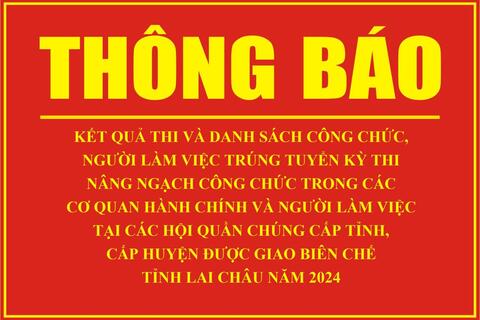 Thông báo Kết quả thi và danh sách công chức, người làm việc trúng tuyển kỳ thi nâng ngạch công chức trong các cơ quan hành chính và người làm việc tại các hội quần chúng cấp tỉnh, cấp huyện được giao biên chế tỉnh Lai Châu năm 2024