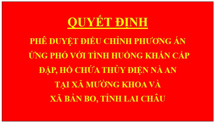 Quyết định Phê duyệt điều chỉnh Phương án ứng phó với tình huống khẩn cấp đập, hồ chứa thủy điện Nà An tại xã Mường Khoa và xã Bản Bo, tỉnh Lai Châu