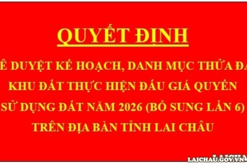 Quyết định Phê duyệt kế hoạch, danh mục thửa đất, khu đất thực hiện đấu giá quyền sử dụng đất năm 2026 (bổ sung lần 6) trên địa bàn tỉnh Lai Châu