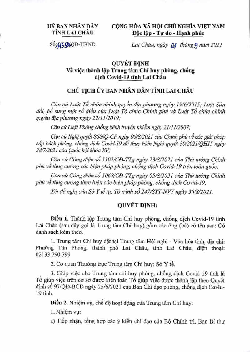 Quyết Định Về Việc Thành Lập Trung Tâm Chỉ Huy Phòng, Chống Dịch Covid-19  Tỉnh Lai Châu