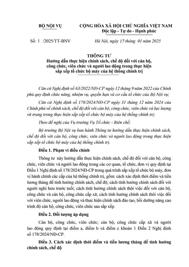 TOÀN VĂN: Thông tư hướng dẫn chính sách, chế độ với CBCCVC và người lao động trong sắp xếp tổ chức bộ máy- Ảnh 1.