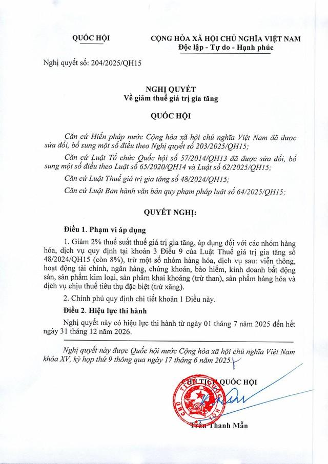 TOÀN VĂN: Nghị quyết số 204/2025/QH15 về giảm thuế giá trị gia tăng- Ảnh 1.