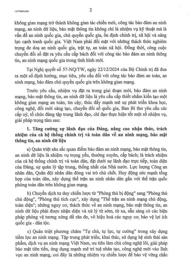 Chỉ thị 57-CT/TW của Ban Bí thư về tăng cường bảo đảm an ninh mạng, bảo mật thông tin, an ninh dữ liệu trong hệ thống chính trị- Ảnh 2.