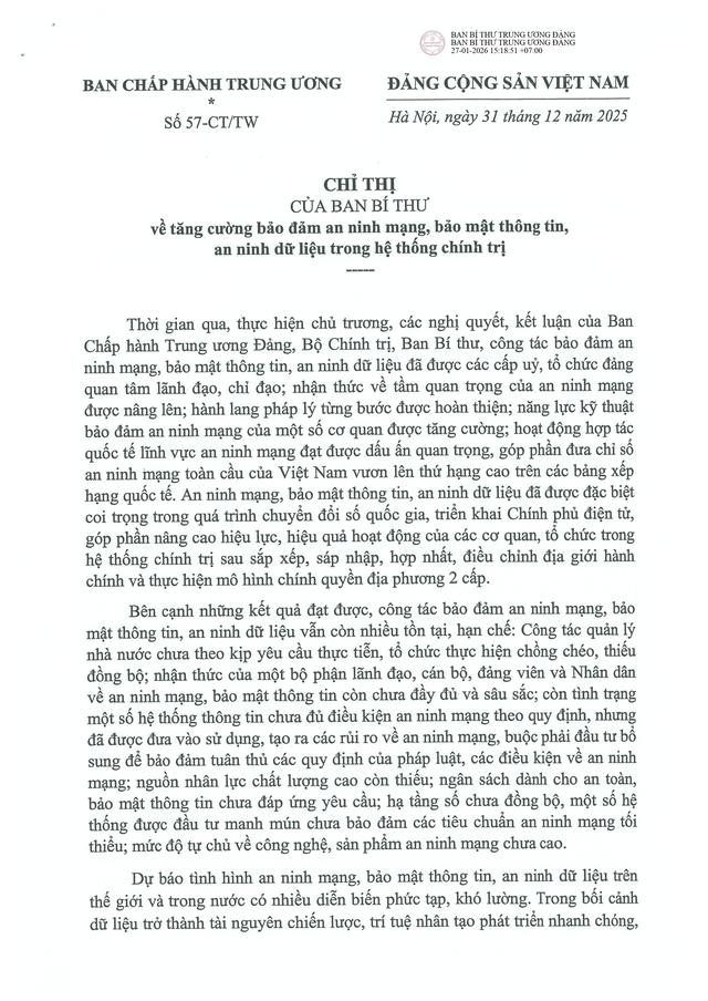 Chỉ thị 57-CT/TW của Ban Bí thư về tăng cường bảo đảm an ninh mạng, bảo mật thông tin, an ninh dữ liệu trong hệ thống chính trị- Ảnh 1.