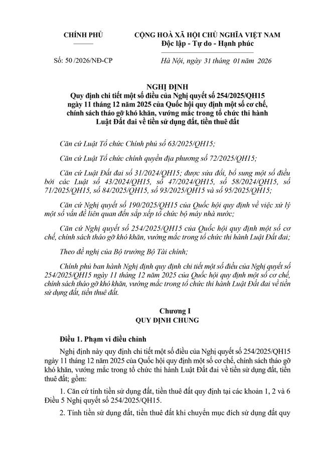 TOÀN VĂN: Nghị định 50/2026/NĐ-CP quy định chi tiết Nghị quyết 254/2025/QH15 tháo gỡ khó khăn, vướng mắc về tiền sử dụng đất, tiền thuê đất- Ảnh 3.