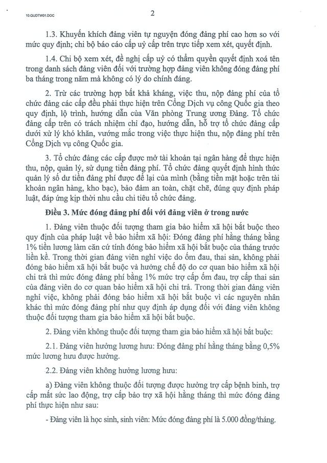 TOÀN VĂN: Quy định số 01-QĐ/TW của Bộ Chính trị về chế độ đảng phí- Ảnh 2.