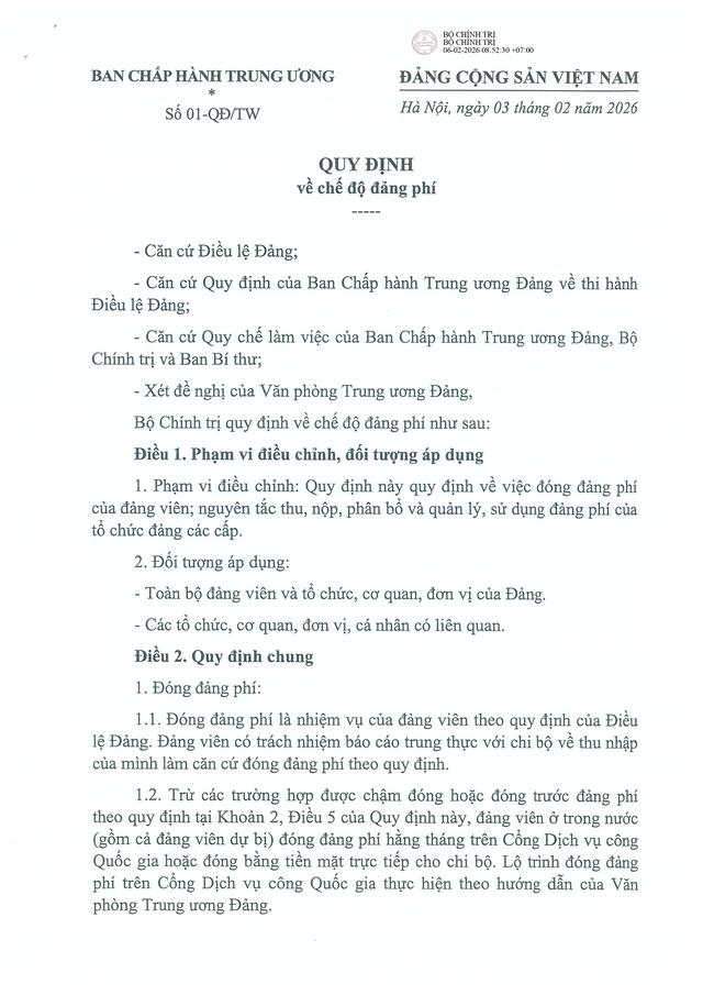 TOÀN VĂN: Quy định số 01-QĐ/TW của Bộ Chính trị về chế độ đảng phí- Ảnh 1.