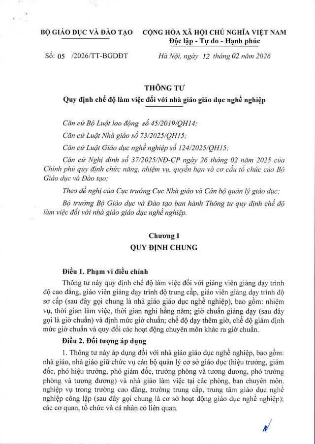 Thông tư 05/2026/TT-BGDĐT quy định chế độ làm việc đối với nhà giáo giáo dục nghề nghiệp- Ảnh 1.