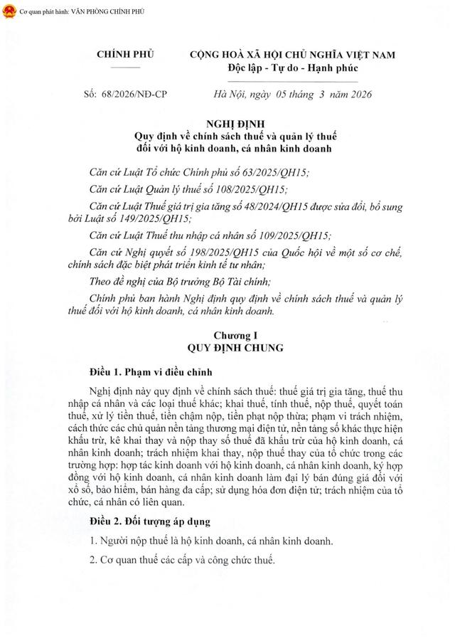 TOÀN VĂN: Nghị định 68/2026/NĐ-CP quy định về chính sách thuế, quản lý thuế với hộ kinh doanh- Ảnh 2.