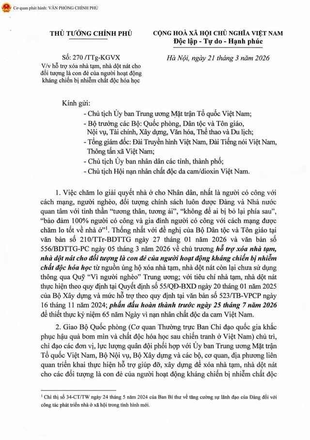 THỦ TƯỚNG: Hỗ trợ XÓA NHÀ TẠM, NHÀ DỘT NÁT cho CON ĐẺ CỦA NGƯỜI HOẠT ĐỘNG KHÁNG CHIẾN BỊ NHIỄM CHẤT ĐỘC HÓA HỌC- Ảnh 2. THỦ TƯỚNG: Hỗ trợ XÓA NHÀ TẠM, NHÀ DỘT NÁT cho CON ĐẺ CỦA NGƯỜI HOẠT ĐỘNG KHÁNG CHIẾN BỊ NHIỄM CHẤT ĐỘC HÓA HỌC- Ảnh 2.