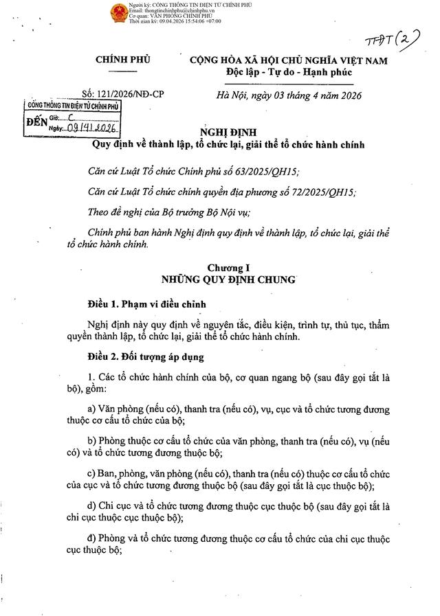 TOÀN VĂN: Nghị định 121/2026/NĐ-CP quy định về thành lập, tổ chức lại, giải thể tổ chức hành chính- Ảnh 1. TOÀN VĂN: Nghị định 121/2026/NĐ-CP quy định về thành lập, tổ chức lại, giải thể tổ chức hành chính- Ảnh 1.