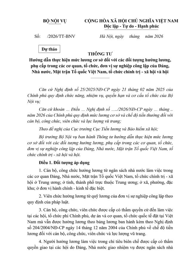 TOÀN VĂN: Dự thảo Thông tư Hướng dẫn thực hiện mức lương cơ sở- Ảnh 1.
