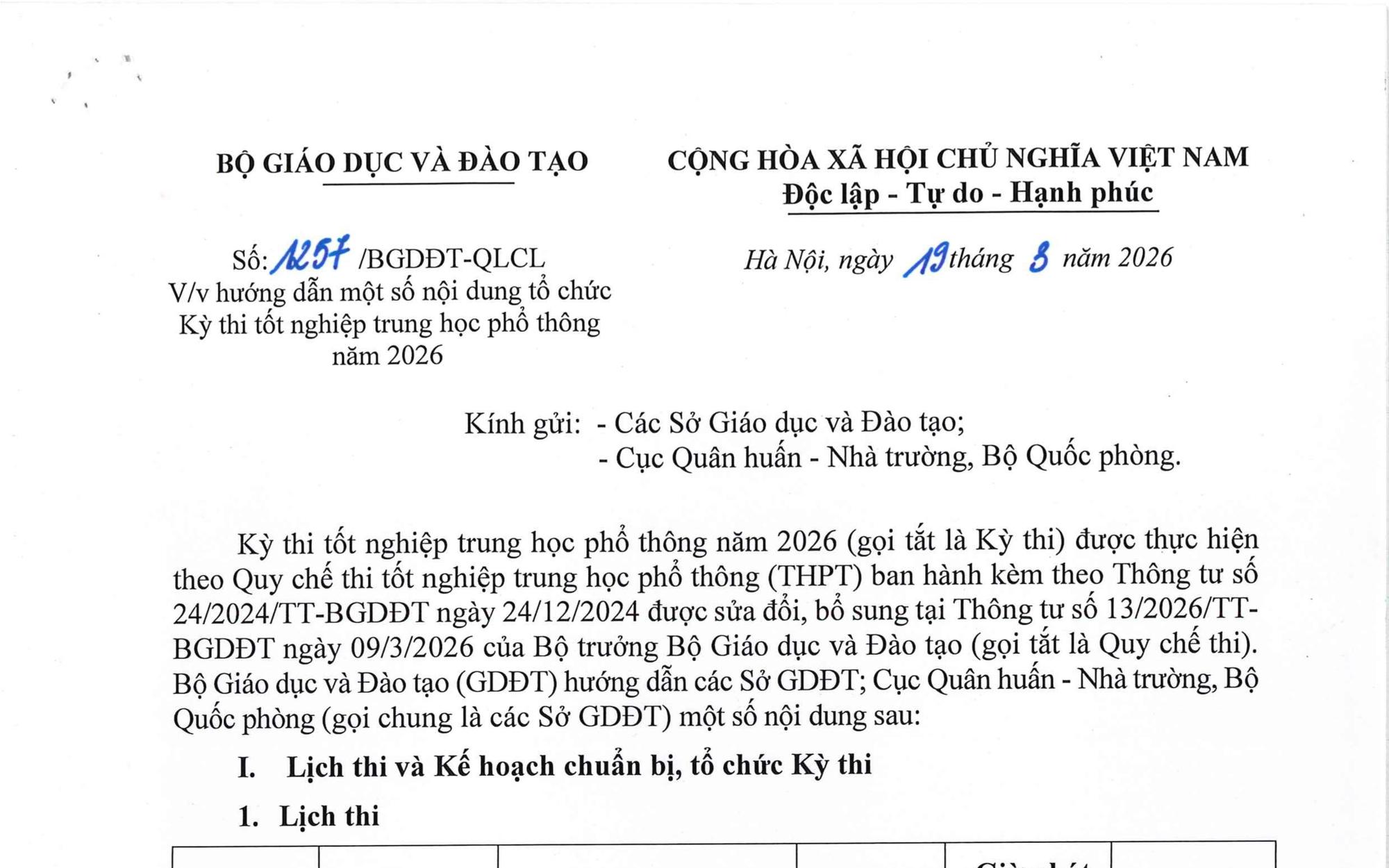 Lịch THI TỐT NGHIỆP THPT; thời gian CÔNG BỐ KẾT QUẢ KỲ THI TỐT NGHIỆP 2026- Ảnh 2. Công văn 1257/BGDĐT-QLCL: Hướng dẫn tổ chức Kỳ thi tốt nghiệp THPT 2026