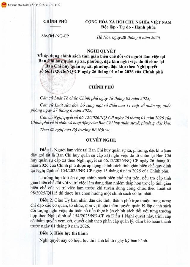Nghị quyết 167/NQ-CP về áp dụng chính sách tinh giản biên chế đối với người làm việc tại Ban Chỉ huy quân sự cấp xã- Ảnh 1.