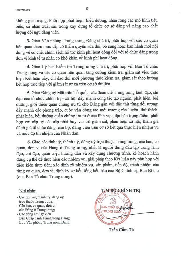 Kết luận số 58-KL/TW của Bộ Chính trị về tổ chức cơ sở đảng và nâng cao chất lượng đội ngũ đảng viên- Ảnh 8.