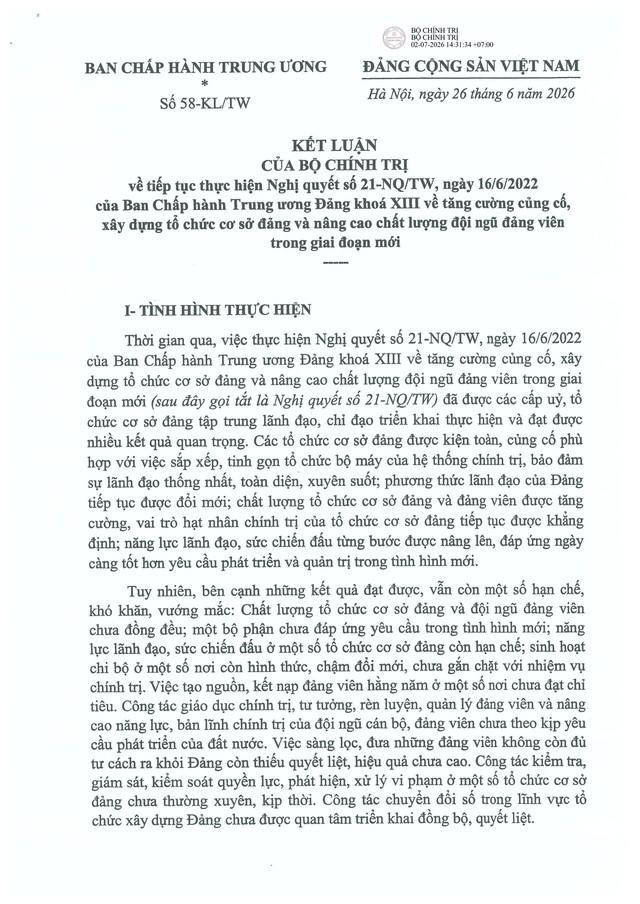 Kết luận số 58-KL/TW của Bộ Chính trị về tổ chức cơ sở đảng và nâng cao chất lượng đội ngũ đảng viên- Ảnh 1.