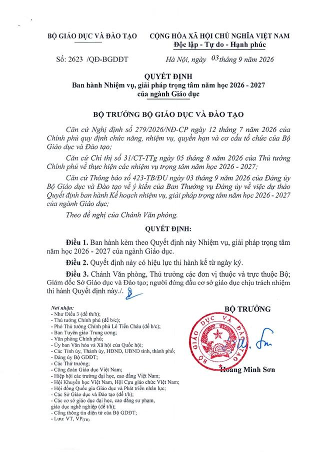 Quyết định số 2623/QĐ-BGDĐT ban hành Nhiệm vụ, giải pháp trọng tâm năm học 2026-2027 của ngành Giáo dục- Ảnh 1.