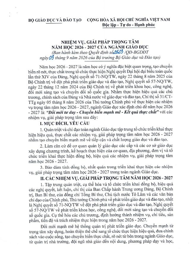Quyết định số 2623/QĐ-BGDĐT ban hành Nhiệm vụ, giải pháp trọng tâm năm học 2026-2027 của ngành Giáo dục- Ảnh 2.