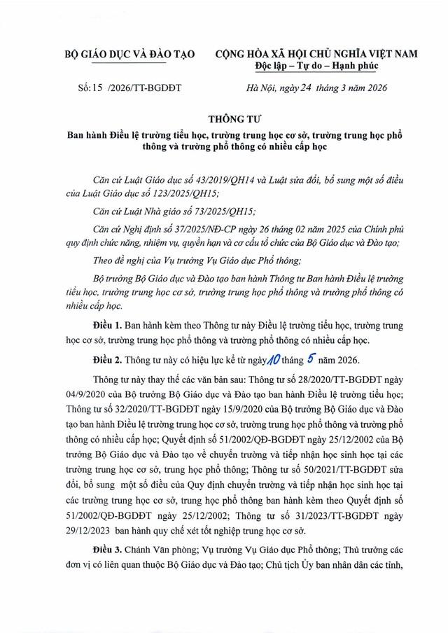 TOÀN VĂN Thông tư số 15/2026/TT-BGDĐT: Điều lệ trường tiểu học, trường trung học cơ sở, trường trung học phổ thông, trường phổ thông có nhiều cấp học- Ảnh 1.