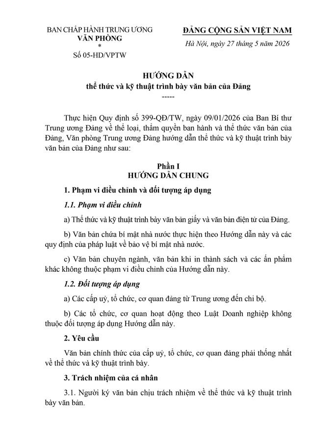 Hướng dẫn số 05-HD/VPTW về thể thức và kỹ thuật trình bày văn bản của Đảng- Ảnh 1.