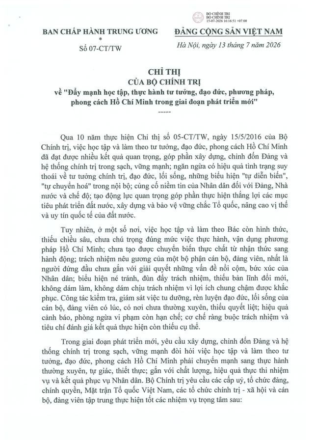 Chỉ thị số 07-CT/TW của Bộ Chính trị về "Đẩy mạnh học tập, thực hành tư tưởng, đạo đức, phương pháp, phong cách Hồ Chí Minh trong giai đoạn phát triển mới"- Ảnh 1.