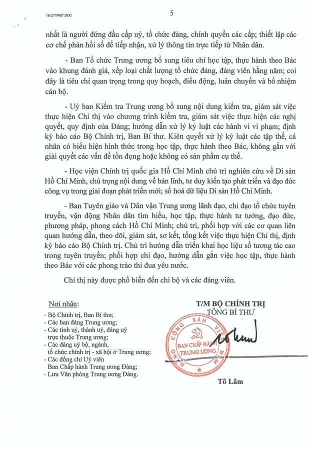 Chỉ thị số 07-CT/TW của Bộ Chính trị về "Đẩy mạnh học tập, thực hành tư tưởng, đạo đức, phương pháp, phong cách Hồ Chí Minh trong giai đoạn phát triển mới"- Ảnh 5.